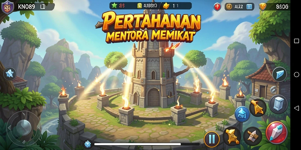 Screenshot gameplay KNO89 menampilkan tempur pertahanan menara yang mendebarkan.