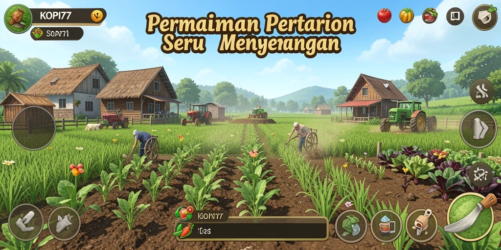 Screenshot gameplay KOPI77 menampilkan kebun yang rimbun dan penuh warna.